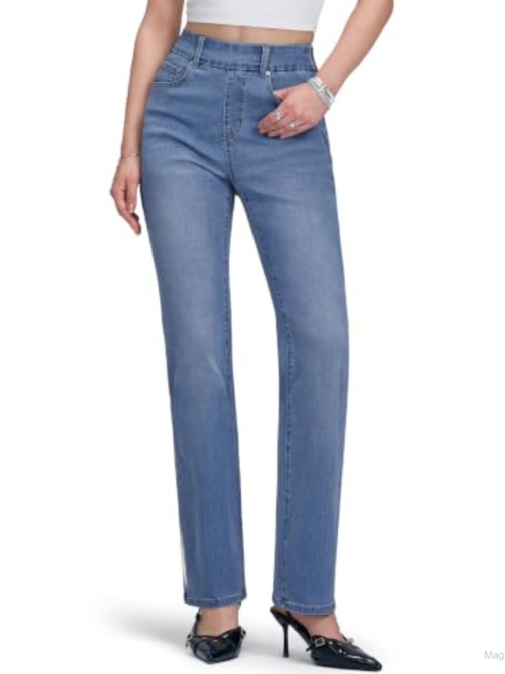 Pull-On Straight Leg Jeans High Waisted Stretchy Denim Pants Comfort Fit